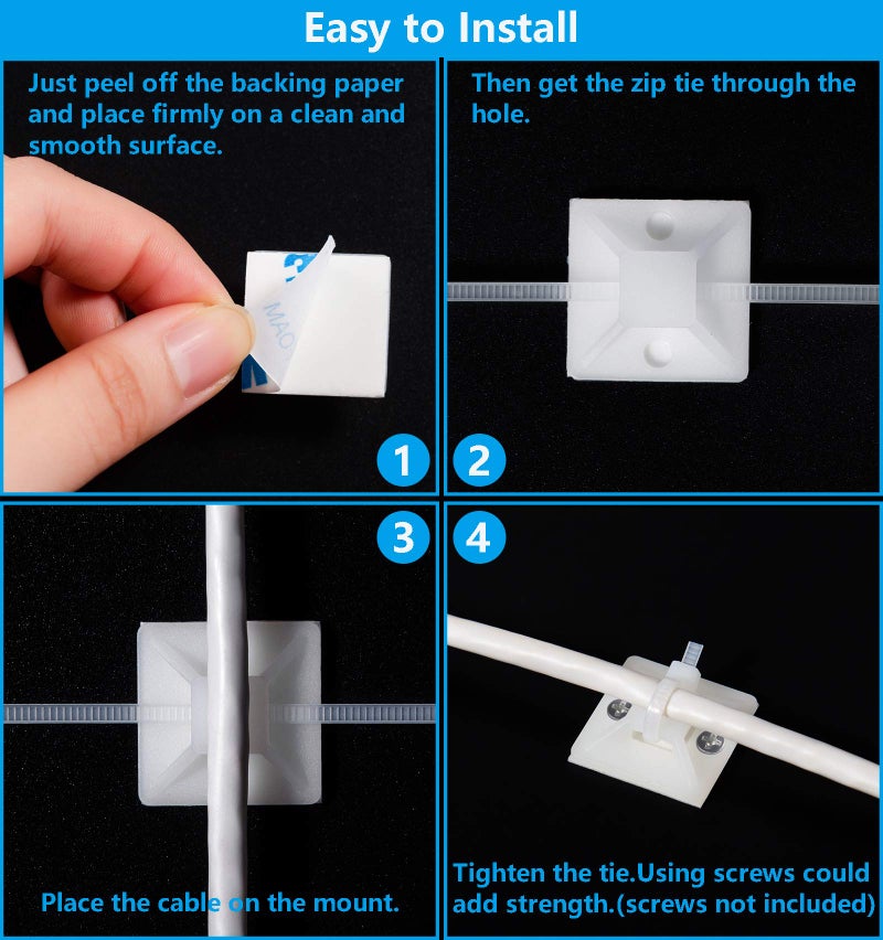 ALIGADO Cable Tie Mounts  Adhesive-Backed  1 Inch  for Cable Management  Cable Tie Anchors  100 Pack  White - Image 5